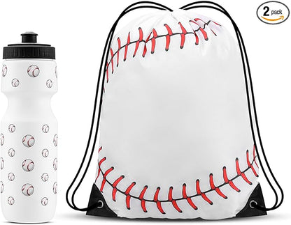 2 Pcs Baseball Party Favors Sports Drawstring Bag 24 oz Baseball Reusable Water Bottles Sports Water Bottle for Sporting Cycling Working Traveling Gym Outdoor