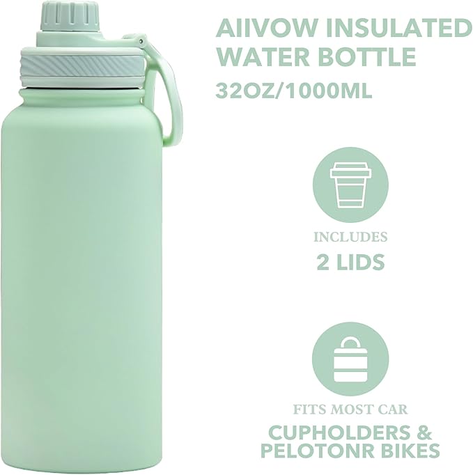 Mint Green 32 OZ Insulated Water Bottle, Large Metal Insulated Stainless Steel Water Flask, Big Sports Travel Water Bottle with 2 Lids, Insulated Sage Green Thermos Thermal Mug Cup