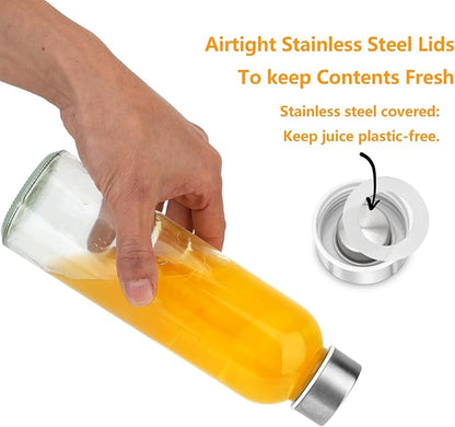 Glass Juice Bottles with Lids for Juicing 24 oz, Reusable Clear Glass Water Bottles with Stainless Steel Airtight Cap for Refrigerator, 100% Leak Proof, BPA Free, ECO Friendly, Set of 6