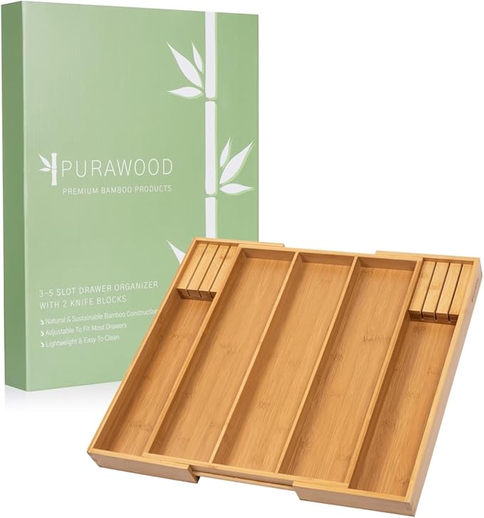 Purawood - Large Premium Bamboo Silverware Organizer with Knife Blocks - Expandable Kitchen Drawer & Utensil Organizer, Cutlery Tray with Drawer Dividers for Kitchen Flatware (3-5 Slots) (Natural)