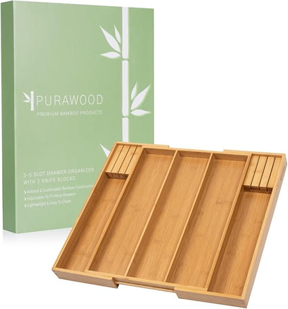 Purawood - Large Premium Bamboo Silverware Organizer with Knife Blocks - Expandable Kitchen Drawer & Utensil Organizer, Cutlery Tray with Drawer Dividers for Kitchen Flatware (3-5 Slots) (Natural)