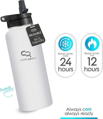 40oz Insulated White Water Bottle With Straw and Handle Lid, Thermos Coffee, Chug Lid - Double Walled Stainless Steel - Metal Water Bottle for Gym, Water Bottles Aesthetics