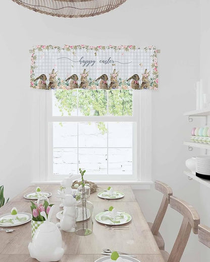 Rabbits Flowers Easter Kitchen Curtains Valances for Windows Eucalyptus Leaf Spring Summer Rod Pocket Window Treatment for Kitchen /Living Room/Bedroom/ Bathroom, 54" X 18", Grey White Buffalo Plaid