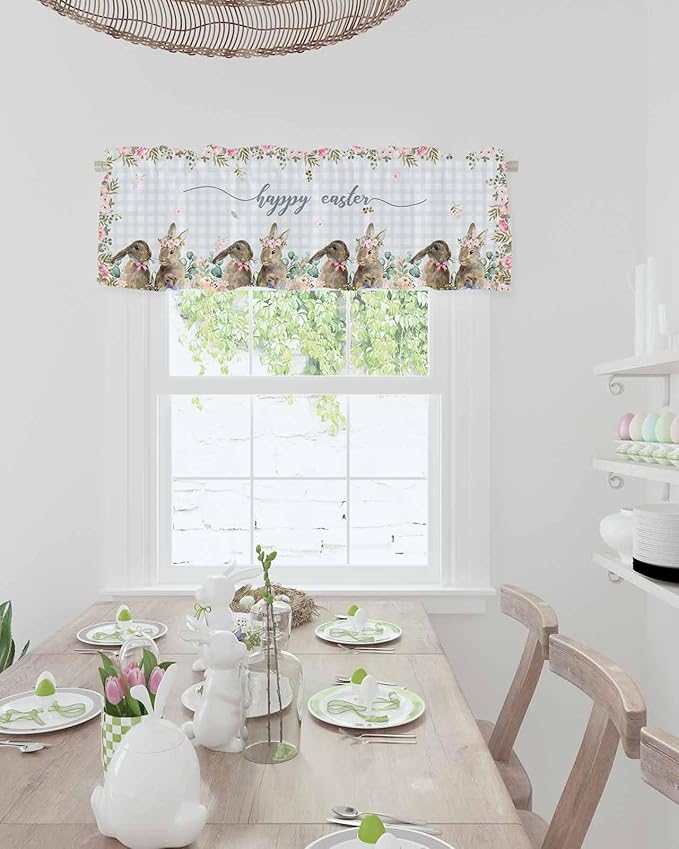 Rabbits Flowers Easter Kitchen Curtains Valances for Windows Eucalyptus Leaf Spring Summer Rod Pocket Window Treatment for Kitchen /Living Room/Bedroom/ Bathroom, 60" X 18", Grey White Buffalo Plaid