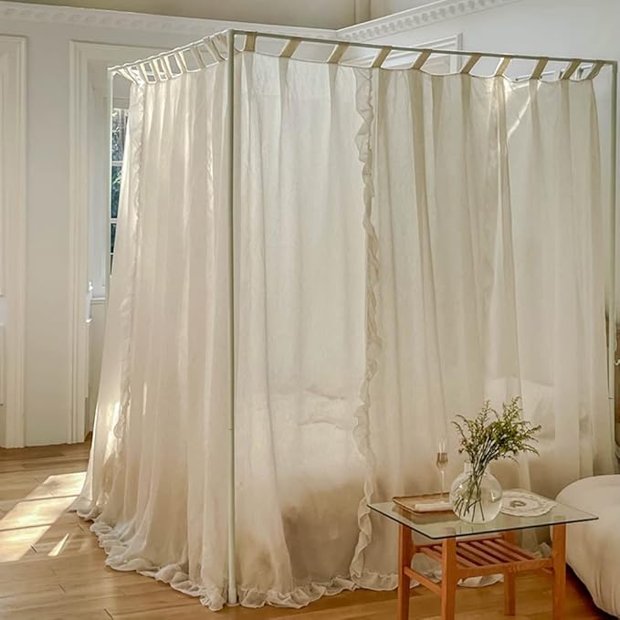 Mengersi Linen Canopy Bed Curtains,Bed Canopy Curtains Bed Drapes Sheer Curtains for Bedroom Decor (Ivory, King)