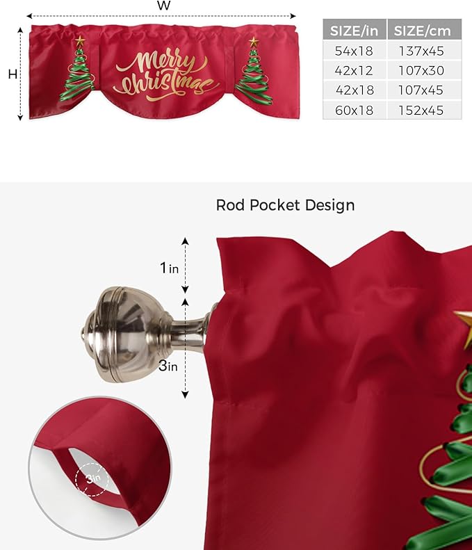 Merry Christmas Blackout Tie Up Valance Curtains for Kitchen Windows Christmas Tree Window Toppers Balloon Shades for Living Room/Bathroom/Bedroom,1 Panel,42" X 18" Winter Holidays