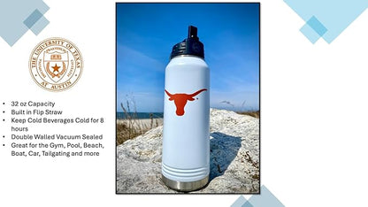 University of Texas at Austin 32oz Stainless Steel Double Walled White Beverage Bottle with Flip Straw Spout - College Gear for Playoff Season – For Office, Home or Auto – Show your Longhorn Pride