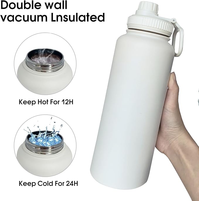 40oz Insulated Water Bottle ，Stainless Steel Sports Water Cup Flask with 2 Lids, Wide Mouth Travel Thermal Mug,Outdoor Sports Bottle（white）