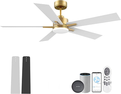 52” Smart Ceiling Fan with LED Lights Remote,Quite DC Motor,Voice Control via Alexa Google WIFI Phone,Outdoor Indoor Modern Ceiling Fans,Dimmable,for Bedroom Patio Porch,Gold and White Black
