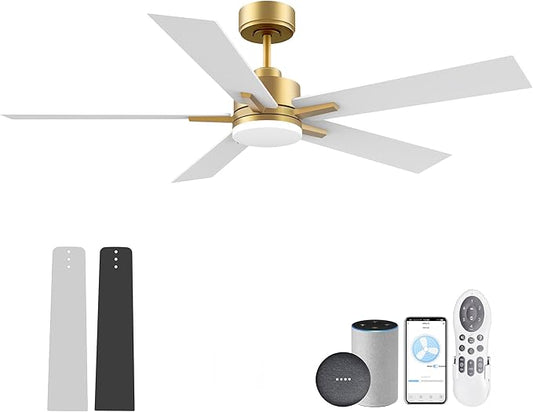 52” Smart Ceiling Fan with LED Lights Remote,Quite DC Motor,Voice Control via Alexa Google WIFI Phone,Outdoor Indoor Modern Ceiling Fans,Dimmable,for Bedroom Patio Porch,Gold and White Black