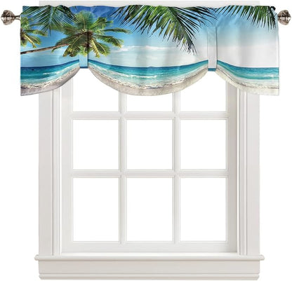Palms Tree Ocean Blackout Tie Up Valance Curtains for Kitchen Windows Tropical Sea Window Toppers Balloon Shades for Living Room/Bathroom/Bedroom,1 Panel,60" X 18" Beach Theme