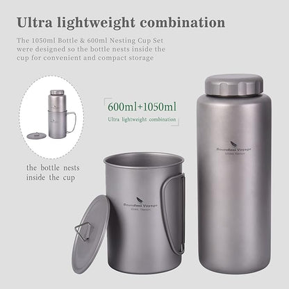 iBasingo 1050ml Titanium Bottle 600ml Nesting Cup Outdoor Camping Single Layer Wide Mouth Cookware Lightweight Portable Bottle Mug Hiking Picnic Solo Cooking Mess Kit