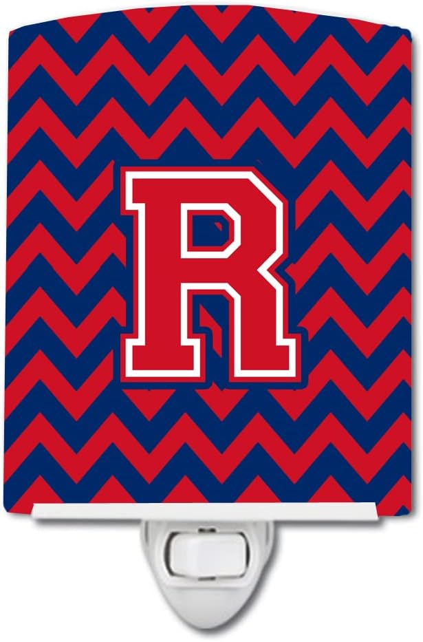 Caroline's Treasures CJ1054-RCNL Letter R Chevron Yale Blue and Crimson Ceramic Night Light Compact, UL-Certified, Ideal for Bedroom, Bathroom, Nursery, Hallway, Kitchen, 6x4x3, Multicolor