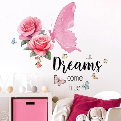 Pink Butterfly and Rose Wall Decal - "Dreams Come True" Design - 85x64cm Decorative Sticker