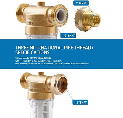 40Micron Spin Down Sediment Filters With Scraper, Reusable Whole House Sediment Water Filter, Pre-Filtration System for City/Well Water, 1.6" MNPT + 1" FNPT + 1" MNPT, BPA Free