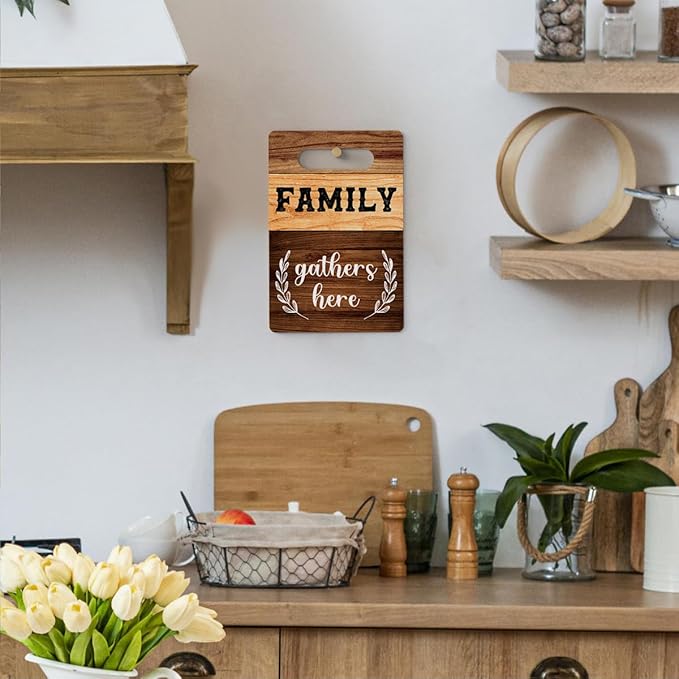 Farmhouse Kitchen Decor, Family Gifts, Kitchen Signs Wall Decor, Kitchen Decorations, Kitchen Door Wall Hanging Decor, Family Gathers Here Wood Sign 8 x 12 Inch