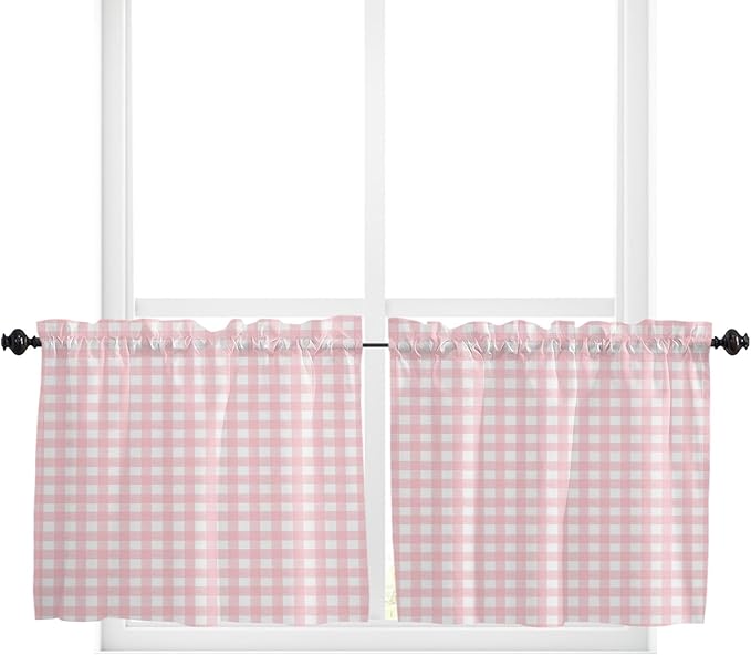 Christmas Kitchen Curtains and Valances Set, Rustic Pink White Buffalo Check Plaid Pattern Windows Treatments Tiers Half/Short Curtains for Small Windows Cafe /Living Room/ Bedroom 54x24 in Farmhouse