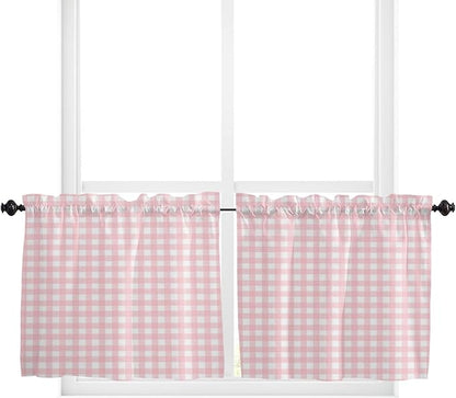 Christmas Kitchen Curtains and Valances Set, Rustic Pink White Buffalo Check Plaid Pattern Windows Treatments Tiers Half/Short Curtains for Small Windows Cafe /Living Room/ Bedroom 54x24 in Farmhouse