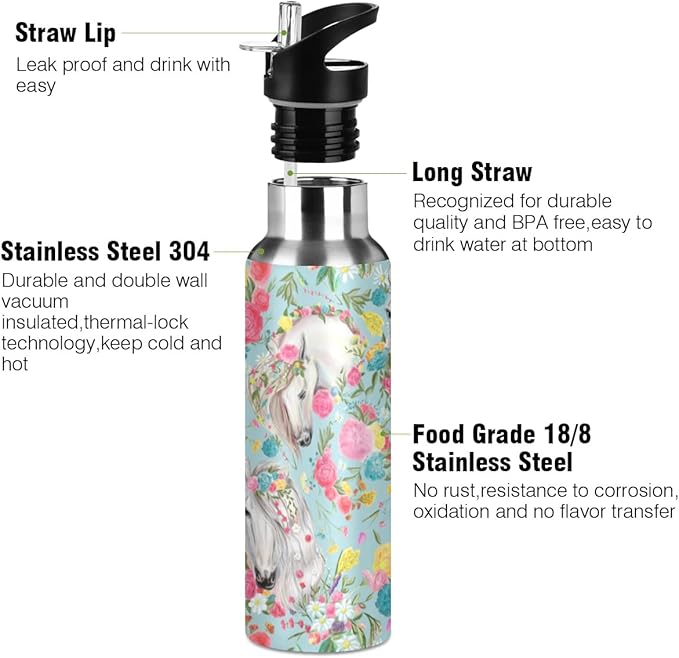 MNSRUU Insulated Water Bottle with Straw, Rainbow and Unicorns Stainless Steel Flasks for Sports Cycling Hiking School
