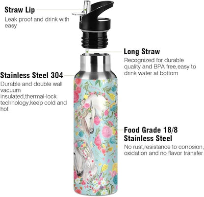 MNSRUU Insulated Water Bottle with Straw, Rainbow and Unicorns Stainless Steel Flasks for Sports Cycling Hiking School