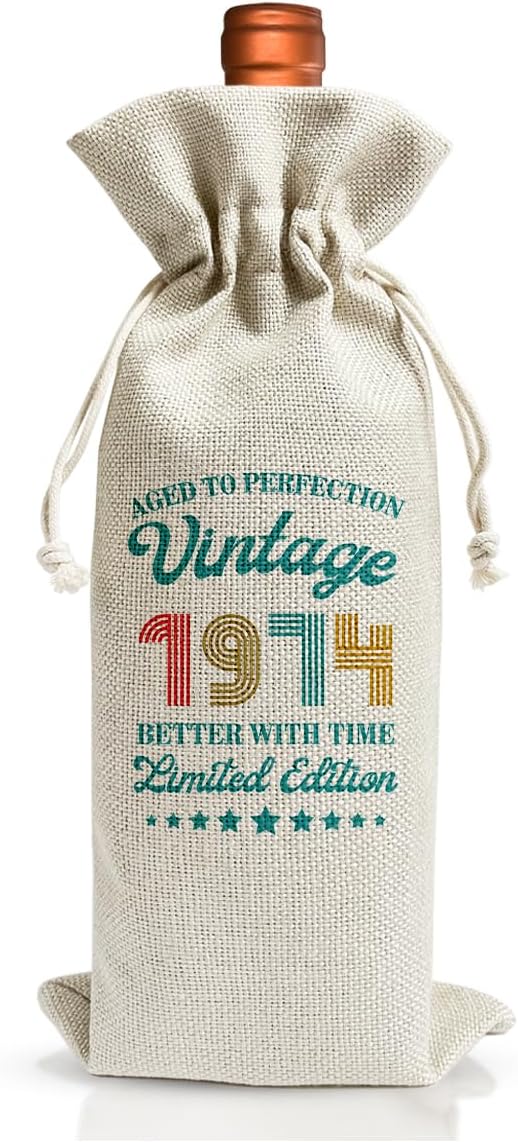 50th Birthday Wine Gift Bag For Best Friend Mom Dad Women Men, 50th Birthday Party Decor Favors, 1974 Birthday Idea Gift, 50th Anniversary Wine Bag, Drawstring Burlap Wine Bottle Bag