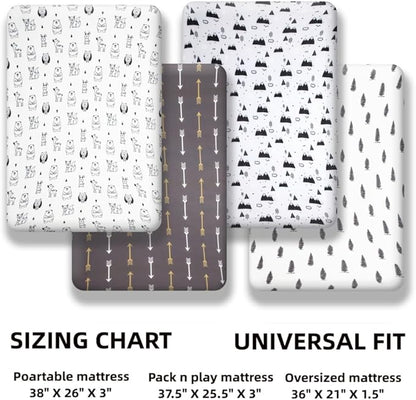 4 Pack N Play Sheets Woodland Forest Animals Wood Neutral Unisex Fitted Baby N Play Sheets Fitted for Standard Pack and Plays and Mini Cribs Set for Baby Boys or Girls