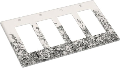 Vintage Grey Floral Herbs Wild Flowers Botanical 4 Gang Rocker Decora Boho Light Switch Cover Decorative Country Unique Outlet Covers Wall Plate Electrical Faceplate Switchplate GFCI