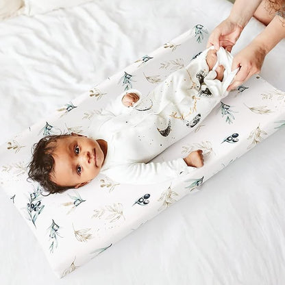 GRSSDER Stretch Ultra Soft Jersey Knit Changing Pad Cover Set 2 Pack,Change Table Pad Covers Fit 32"/34" x 16" Pads Safe and Snug,Stylish Watercolor Flora and Olive for Baby