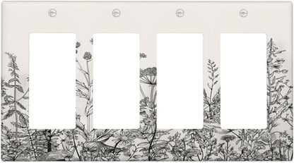 Vintage Grey Floral Herbs Wild Flowers Botanical 4 Gang Rocker Decora Boho Light Switch Cover Decorative Country Unique Outlet Covers Wall Plate Electrical Faceplate Switchplate GFCI