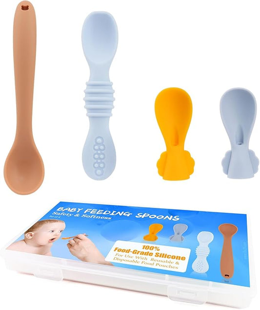 4Pc Baby & Toddler Feeding Set | First Stage & Self-Feeding Spoons for 4-6+ Months | Silicone Baby Spoons & Pouch Spoon Attachments for Easy Meals…