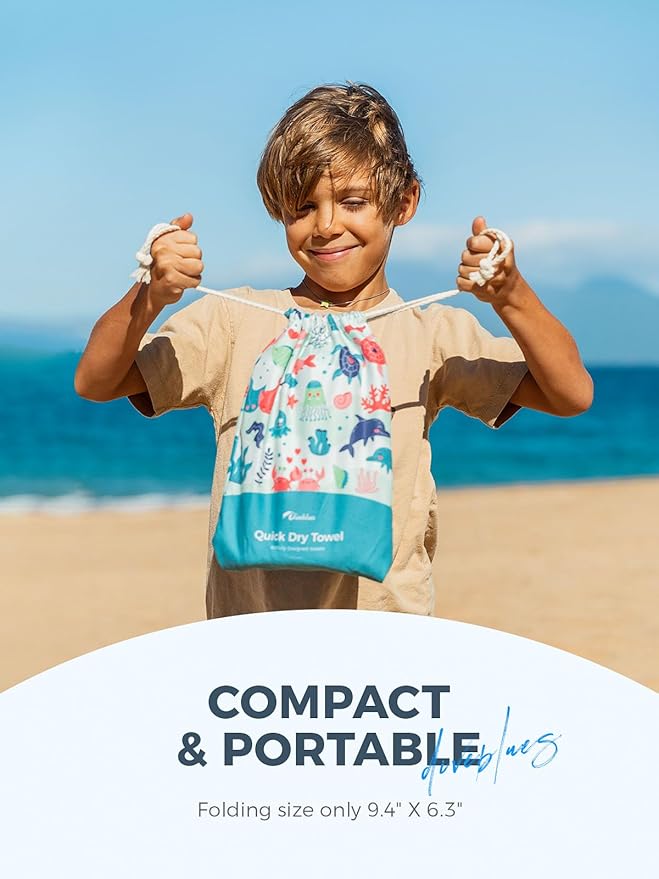 Kids Beach Towel 60''x30'', Quick Dry, Sand Free, Compact, Lightweight, Absorbent, Girls & Boys Large Microfiber Towels for Pool, Swim, Cruise Essentials, Turtle