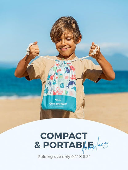 Kids Beach Towel 60''x30'', Quick Dry, Sand Free, Compact, Lightweight, Absorbent, Girls & Boys Large Microfiber Towels for Pool, Swim, Cruise Essentials, Turtle