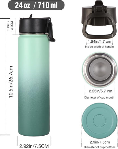 Volhoply 24oz Insulated Water Bottle With Straw Bulk 2 Pack,Metal Wide Mouth Water Bottles With Handle Lid Keep Cold,Reusable Double Wall Thermos,Powder Coated Sport Bottle For Holder(Mojito,2 Count)