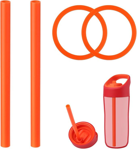 2pcs Replacement Straws with 2pcs Replacement Gasket, Reusable Straws Lid Seal Rings Bottle Straws Replacement Parts Accessories Compatible with Gatorade 12oz Kids' Rookie Metal Water Bottle(Orange)