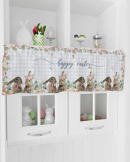 Rabbits Flowers Easter Kitchen Curtains Valances for Windows Eucalyptus Leaf Spring Summer Rod Pocket Window Treatment for Kitchen /Living Room/Bedroom/ Bathroom, 54" X 18", Grey White Buffalo Plaid