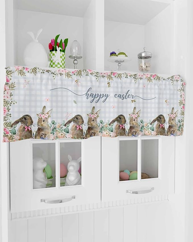 Rabbits Flowers Easter Kitchen Curtains Valances for Windows Eucalyptus Leaf Spring Summer Rod Pocket Window Treatment for Kitchen /Living Room/Bedroom/ Bathroom, 60" X 18", Grey White Buffalo Plaid