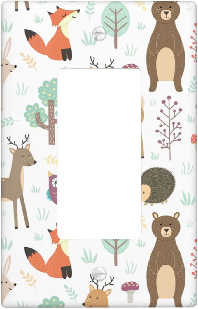 Cartoon Animal Deer Bear Fox Light Switch Cover Decorative Single Rocker Plastic Wall Plate Outlet Cover for Women Girls Bedroom Kitchen Living Room Decor 4.5 * 2.76