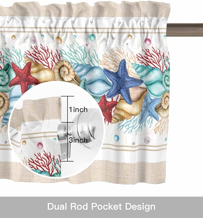Coastal Beach Kitchen Curtains Valances for Windows Nautical Ocean Seashell Coral Starfish Rod Pocket Window Treatment for Kitchen /Living Room/Bedroom/ Bathroom, 60" X 18", Brown Aqua Summer