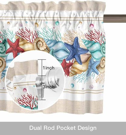 Coastal Beach Kitchen Curtains Valances for Windows Nautical Ocean Seashell Coral Starfish Rod Pocket Window Treatment for Kitchen /Living Room/Bedroom/ Bathroom, 54" X 18", Brown Aqua Summer