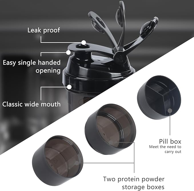 Shaker Bottle,Protein Shaker Bottle, 16 oz GYM Shaker Cup with shaker Ball,Shaker Cups for Protein Shakes, Drink Mixer Bottle with Storage,BAP Free,Leakproof，Black