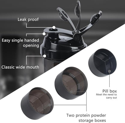 Shaker Bottle,Protein Shaker Bottle, 16 oz GYM Shaker Cup with shaker Ball,Shaker Cups for Protein Shakes, Drink Mixer Bottle with Storage,BAP Free,Leakproof，Black