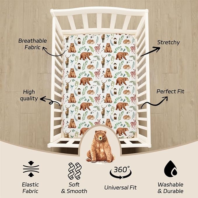 4 Pack N Play Sheets Woodland Forest Animals Wood Neutral Unisex Fitted Baby N Play Sheets Fitted for Standard Pack and Plays and Mini Cribs Set for Baby Boys or Girls