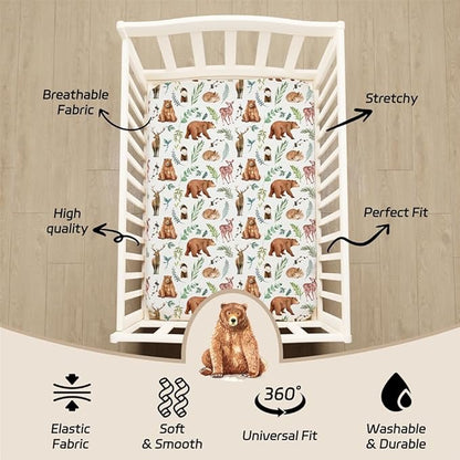 4 Pack N Play Sheets Woodland Forest Animals Wood Neutral Unisex Fitted Baby N Play Sheets Fitted for Standard Pack and Plays and Mini Cribs Set for Baby Boys or Girls