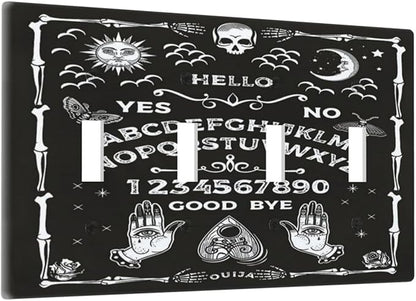 Black Witchy Skeleton Skull Gothic Sun Moon Quad Toggle Novelty Light Switch Covers Decorative Unique 4 Gang Wall Plate Electrical Faceplate Switchplate for Bedroom Bathroom Decor