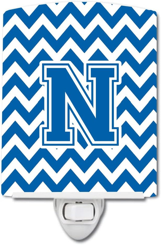 Caroline's Treasures CJ1056-NCNL Letter N Chevron Blue and White Ceramic Night Light Compact, UL-Certified, Ideal for Bedroom, Bathroom, Nursery, Hallway, Kitchen, 6x4x3, Multicolor