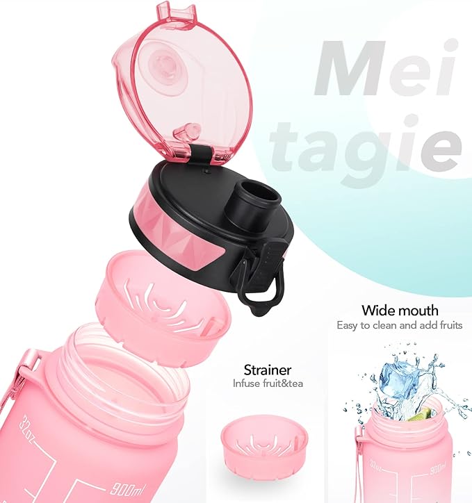 32oz/26oz Motivational Water Bottle with Time Marker & Fruit Strainer, Leak-proof BPA Free Non-Toxic 1l Bottle with Carrying Strap, Perfect for Fitness, Gym and Outdoor Sports, Plastic
