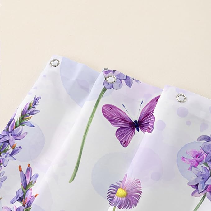 AILONEN Purple Flower Butterfly Shower Curtain 60" W*72" H,Spring Floral Girls Bathroom Decor,Modern Tie Dye Watercolor Butterfly Bath Curtain Polyester Waterproof Bathroom Curtain with Hooks
