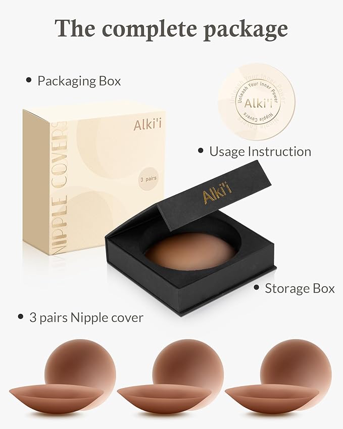 Alki'i Nipple Covers Pasties 3 Pairs, Sticky Bra No Show,Silicone Adhesive Strapless Bra, Reusable Breast Petals for Women