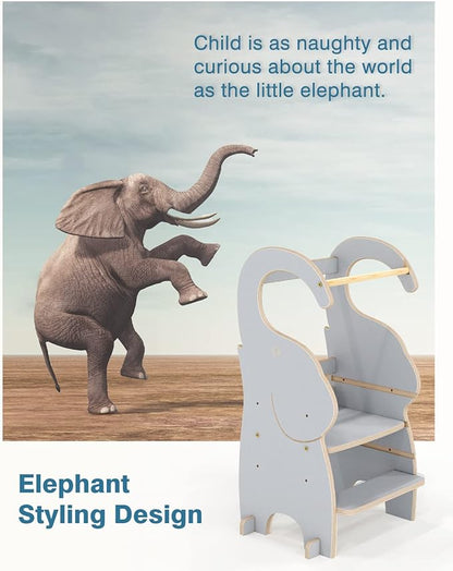 PP OPOUNT Toddler Kitchen Stool, 3-Level Adjustable Toddler Tower, Wood Step Stools for Kids with Safety Protective Net and Non-Slip Mat, Elephant Style, Solid Wood Gray