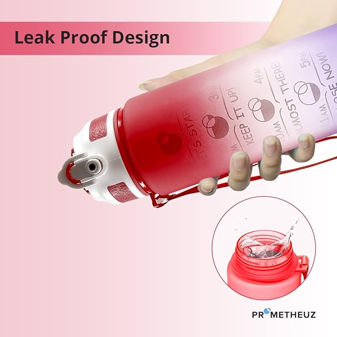 PROMETHEUZ Sports Water Intake Reminder Bottle with Time Marker and Straw, Leakproof Tritan BPA-Free, Fast Flow,Dark Pink Dark Purple, 32 oz